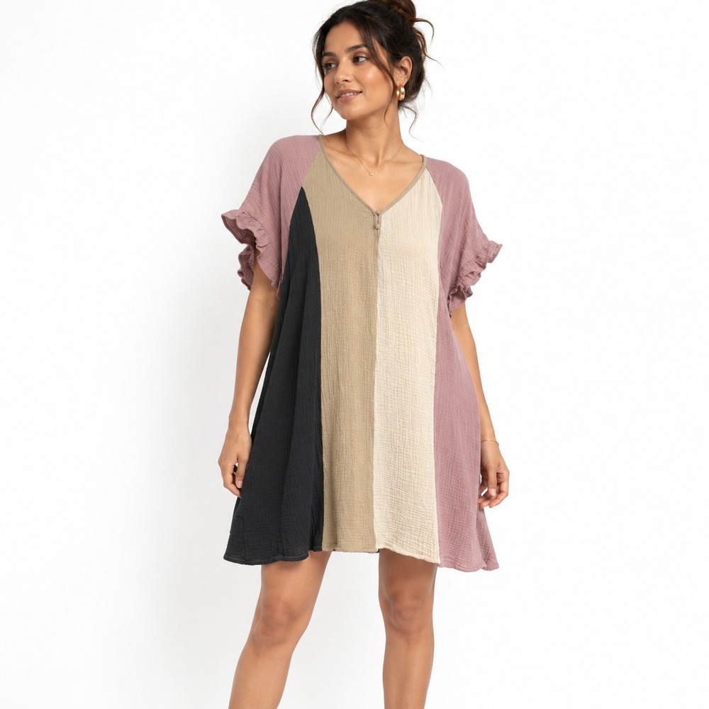 Umgee Gauze Color Block Mini Dress Women's Medium Relax Fit Flutter Sleeve NWT
